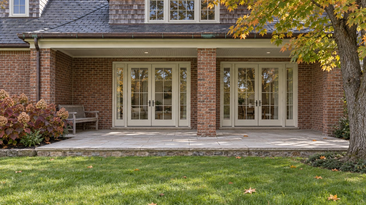 Brick and cedar-shingle home with glazed garden doors, a limestone terrace, and a mature maple beginning to turn amber.