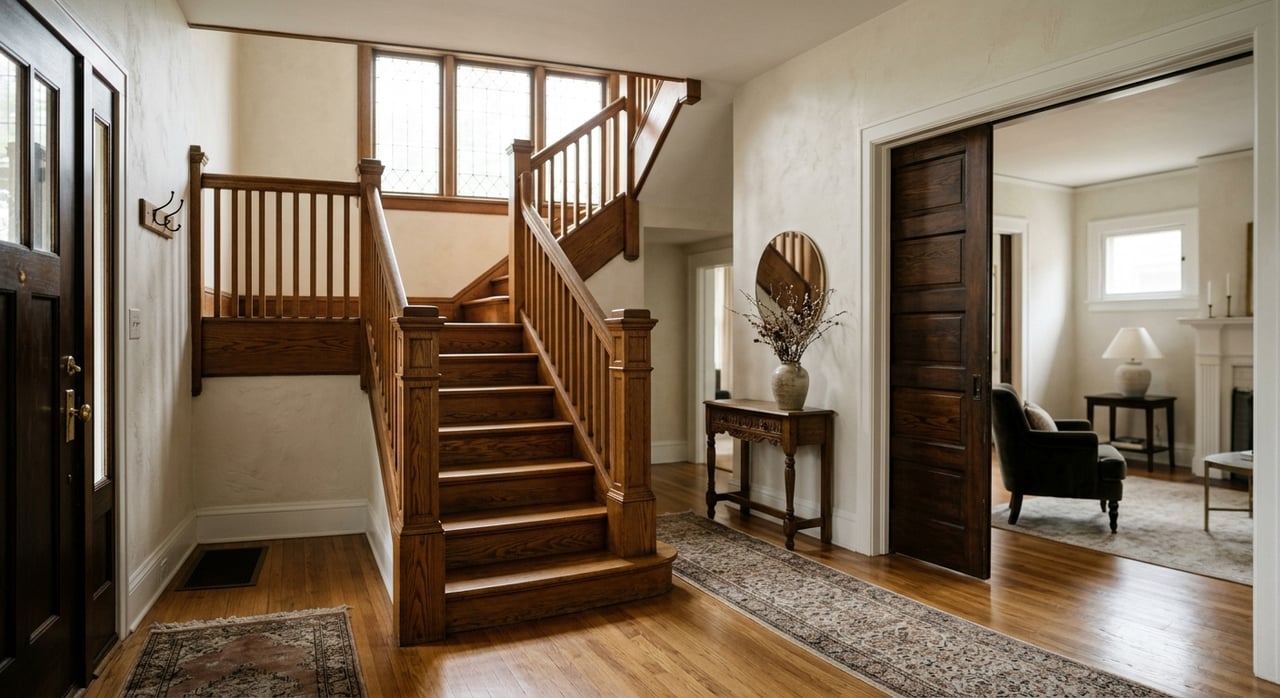 Oak staircase with a worn newel post beside a partly open pocket door and potted plant.