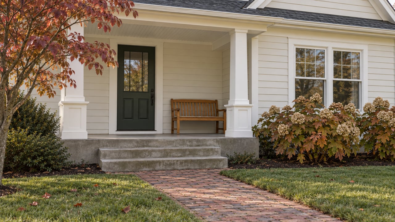 Covered porch of an off-white gabled home, with a green front door, brick approach walk and autumn dogwood leaves.