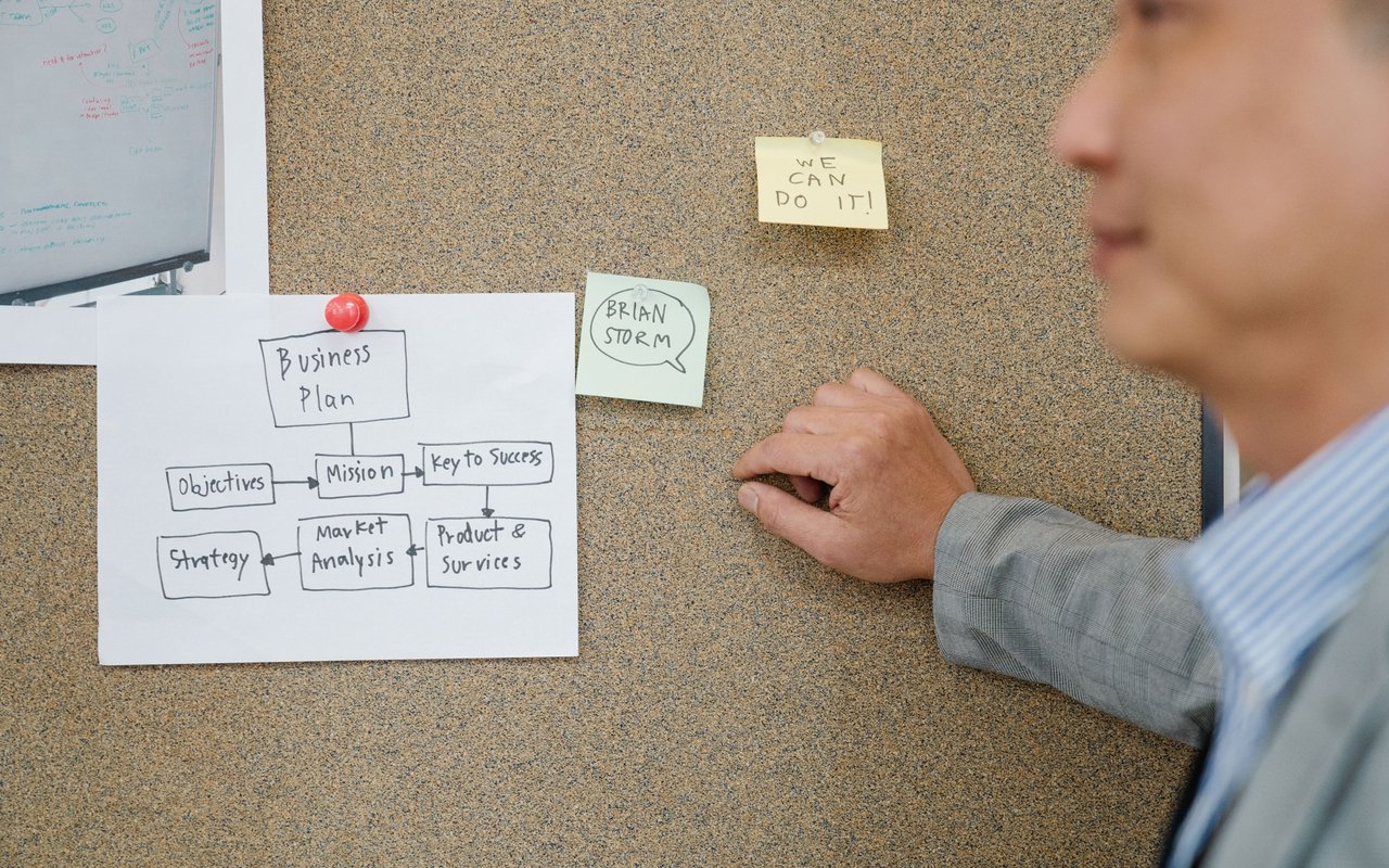A person reviews a business plan flowchart and brainstorming notes pinned to a corkboard.