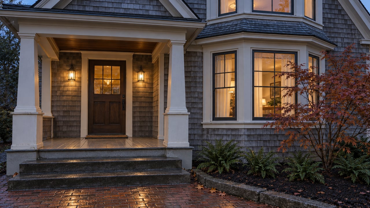 Warm porch sconces and bay windows illuminate a gray-shingled home above damp brick paving, beside a russet Japanese maple and sword ferns.