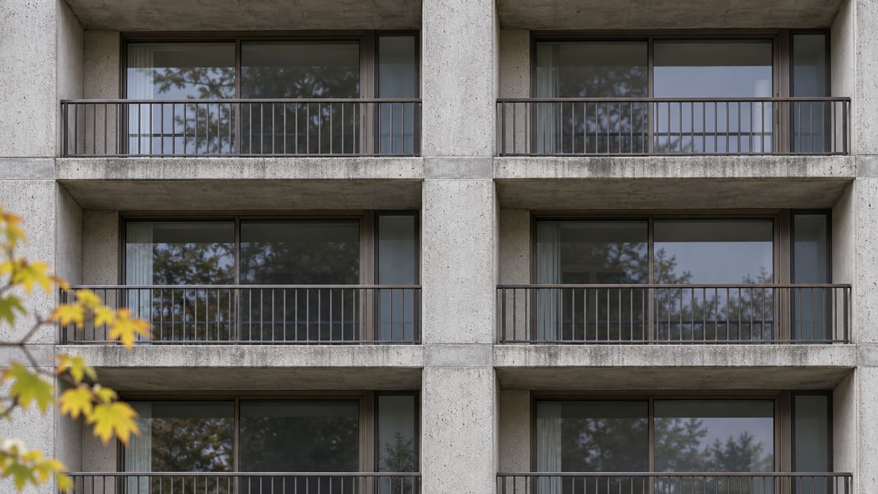 Older gray concrete condominium facade with six recessed balconies, bronze railings, and a maple branch in the foreground.