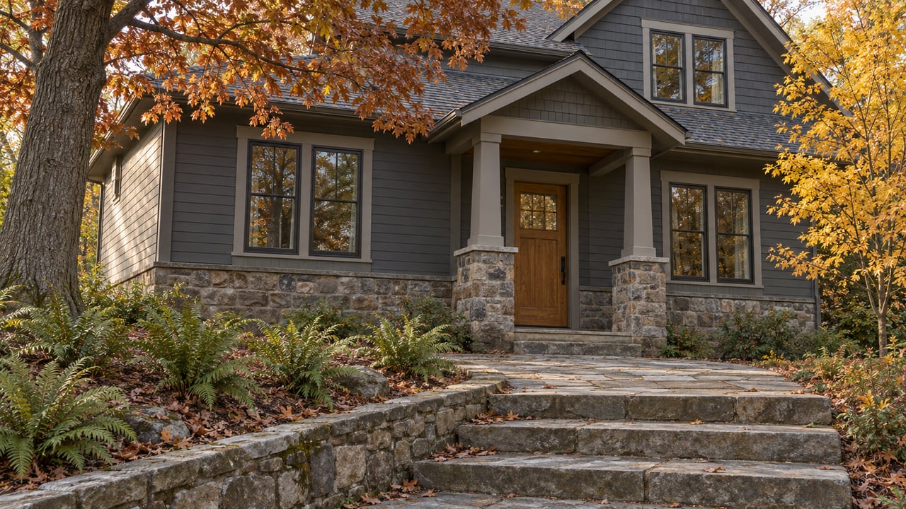 Graphite-sided home with a sheltered oak entry, stone foundation and bluestone steps beneath russet and golden autumn branches.