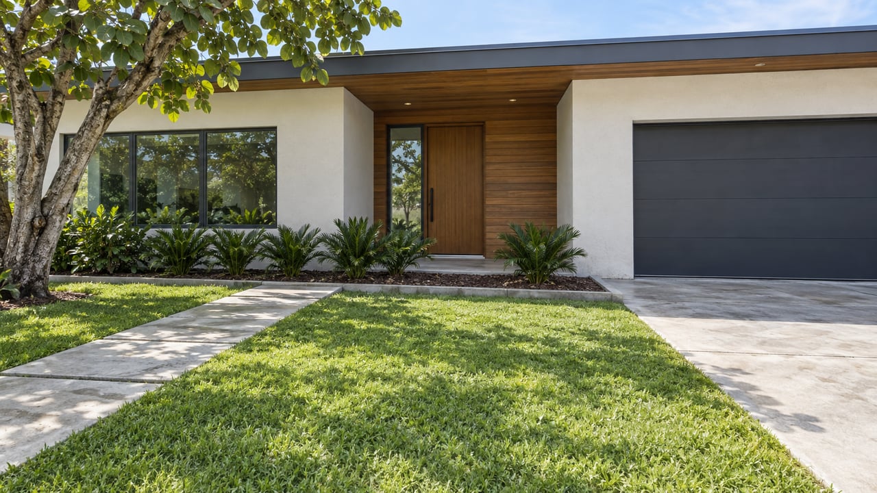 Low-roofed stucco home with a wood-lined entry, dark-framed windows, concrete approach and a deep lawn beside a broad-leaved specimen tree.