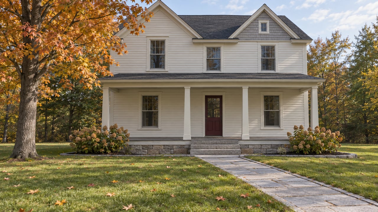 Ivory clapboard home with pitched gables, a granite porch approach, and a broad lawn beneath an autumn maple.