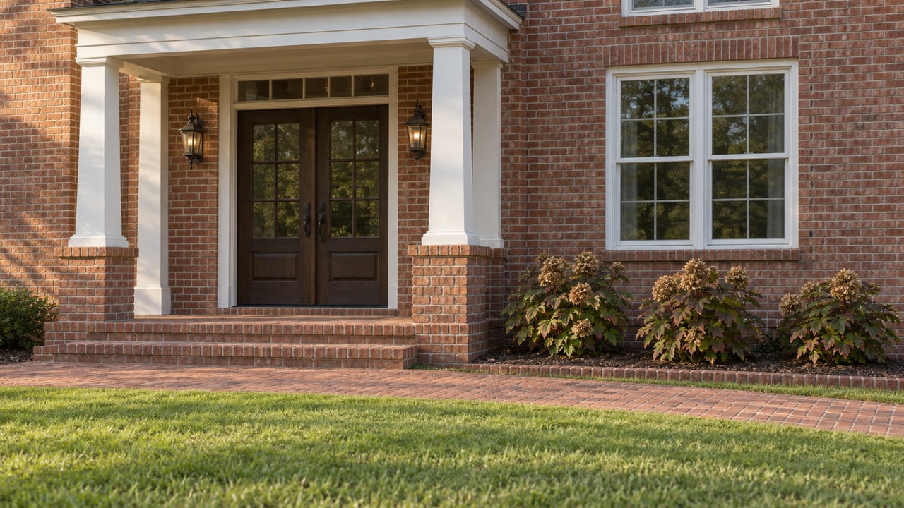 Red brick home entrance with white square-column portico, dark double doors, brick steps, and oakleaf hydrangeas beside a green lawn.