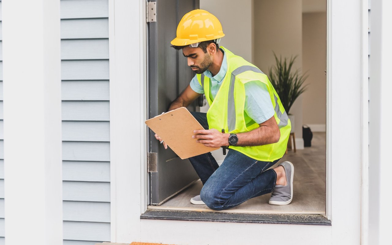 Home inspector kneels in an open doorway, checking a clipboard beside the threshold.