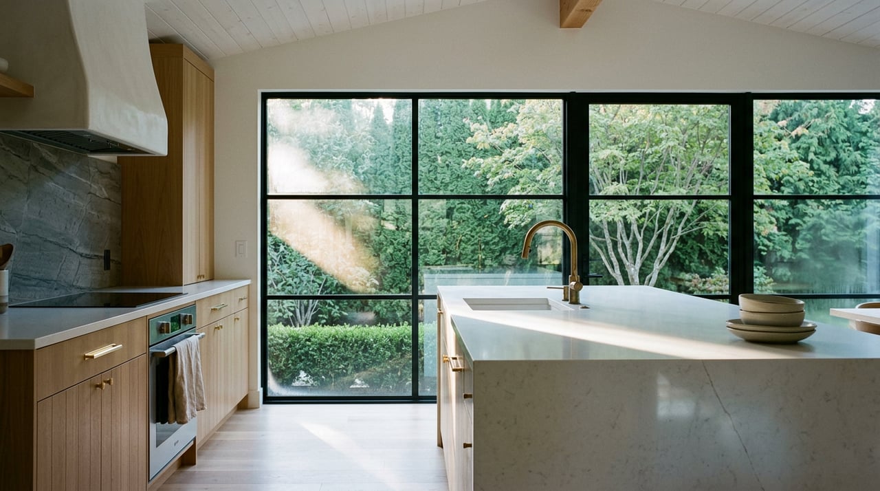 White quartz kitchen island with stacked ceramic bowls, oak cabinetry, and black-framed windows overlooking a hedge and vine maple.
