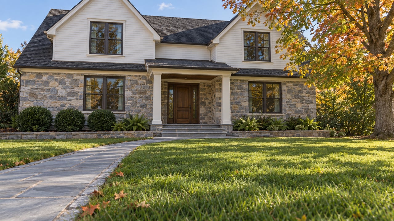 Two-story stone-and-siding house with a stone walkway and autumn leaves.