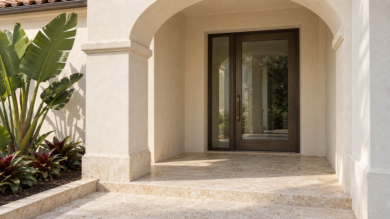 Sunlit cream stucco entry arch with a bronze-framed glass door, pale limestone paving and tropical specimen planting.