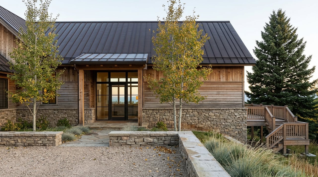Mountain home with a stone entry, cedar-railed deck, and spruce tree beside its metal gabled roof.