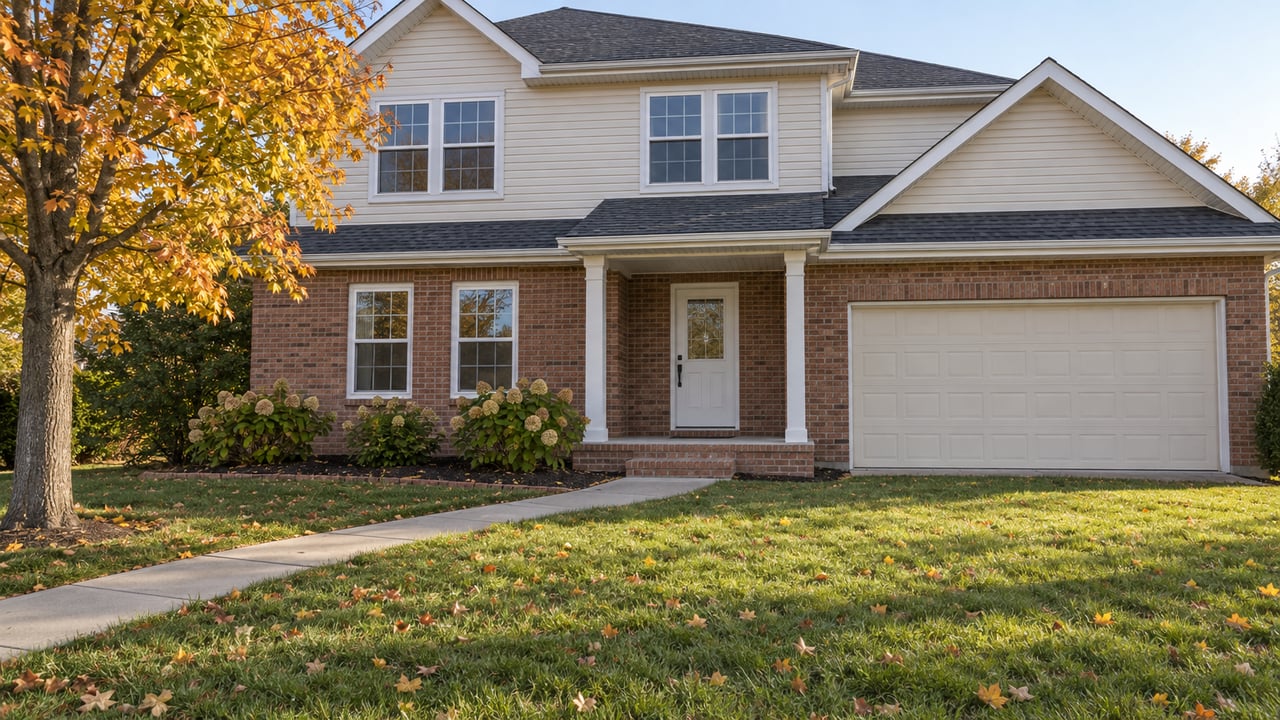 Brick-and-ivory-sided two-story home with a broad autumn lawn, recessed porch and attached garage.