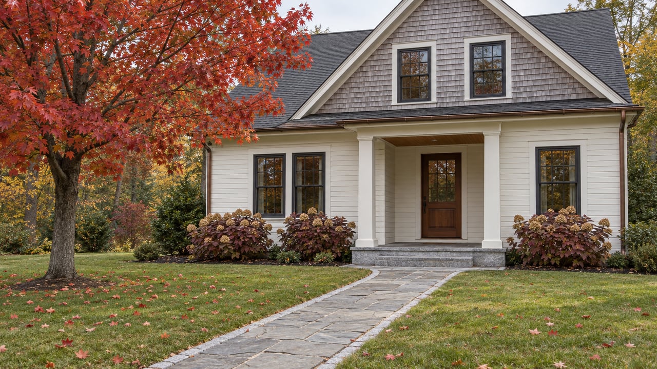 Cream clapboard and cedar-shingle home with a covered entry, stone path, and copper-red autumn maple beside a deep lawn.