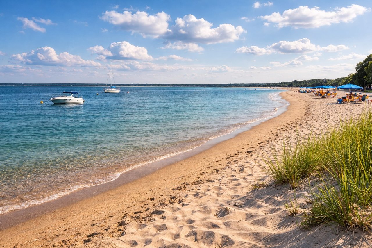 Meschutt Beach in Hampton Bays with calm bay water, beachgoers, and relaxed summer atmosphere