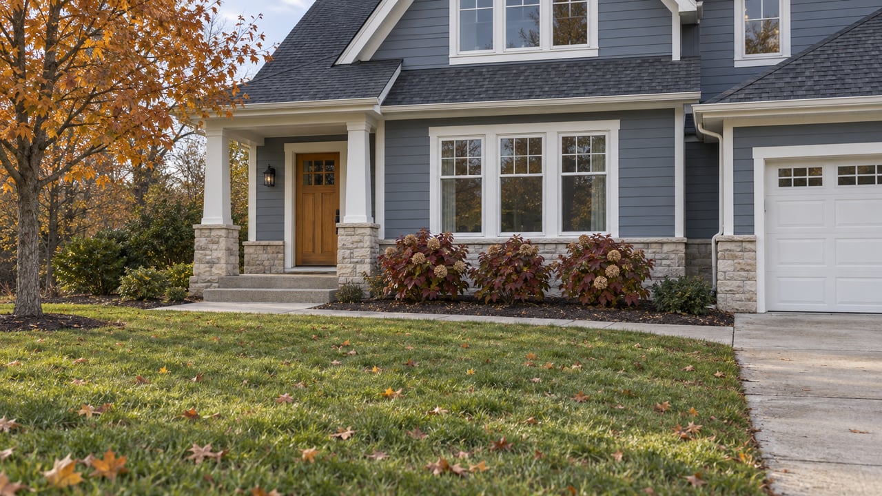 Blue-gray gabled home with limestone porch bases, a broad autumn lawn and an orange-leaved maple.