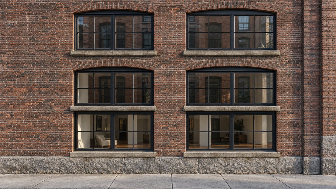 Morning sunlight on weathered brick loft architecture with oversized black steel windows and a granite base above a concrete sidewalk.