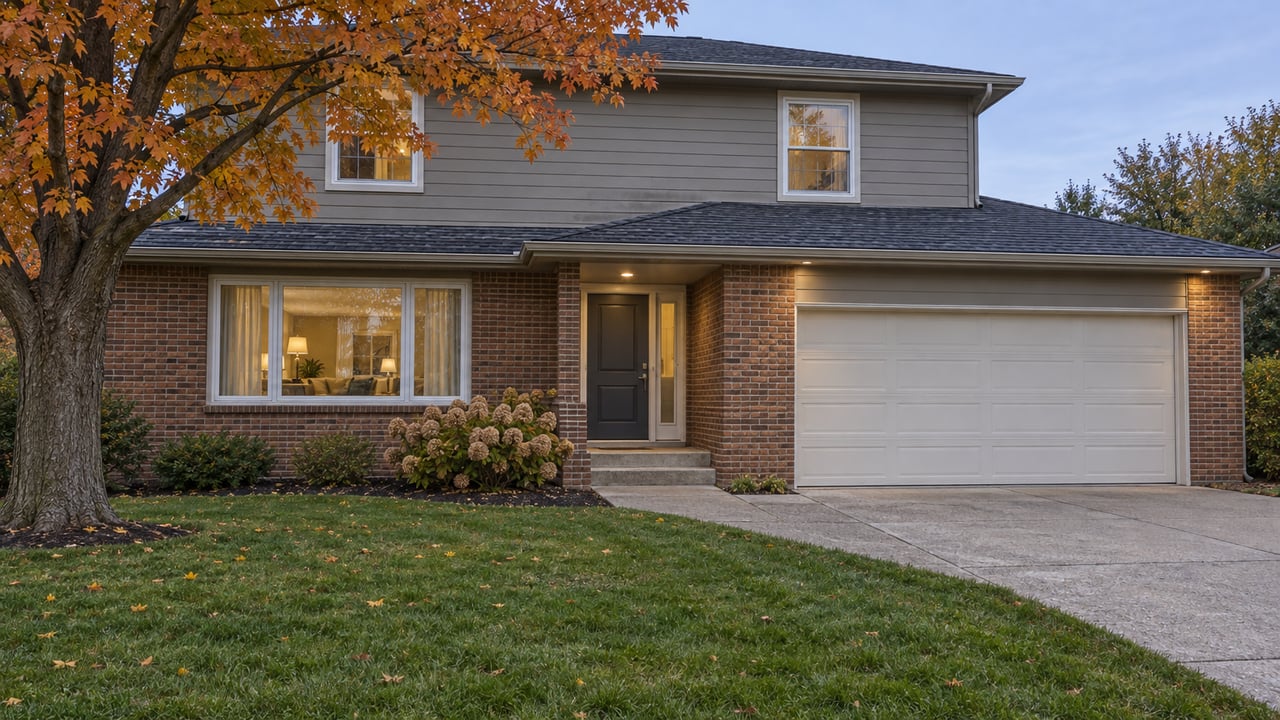 Brick and gray-sided detached home with a deep lawn, concrete approach and copper-colored maple canopy in soft autumn twilight.