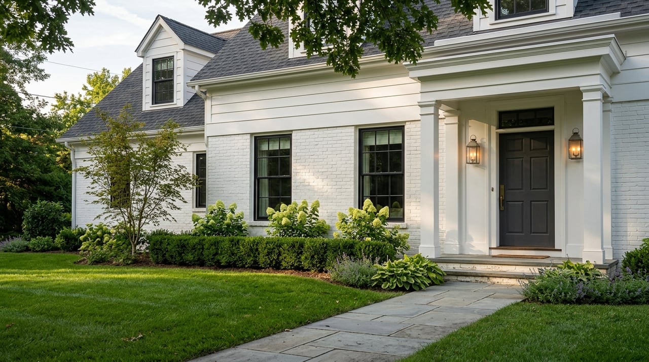 Upscale home with a refined portico, manicured front lawn, and mature oak casting shade.