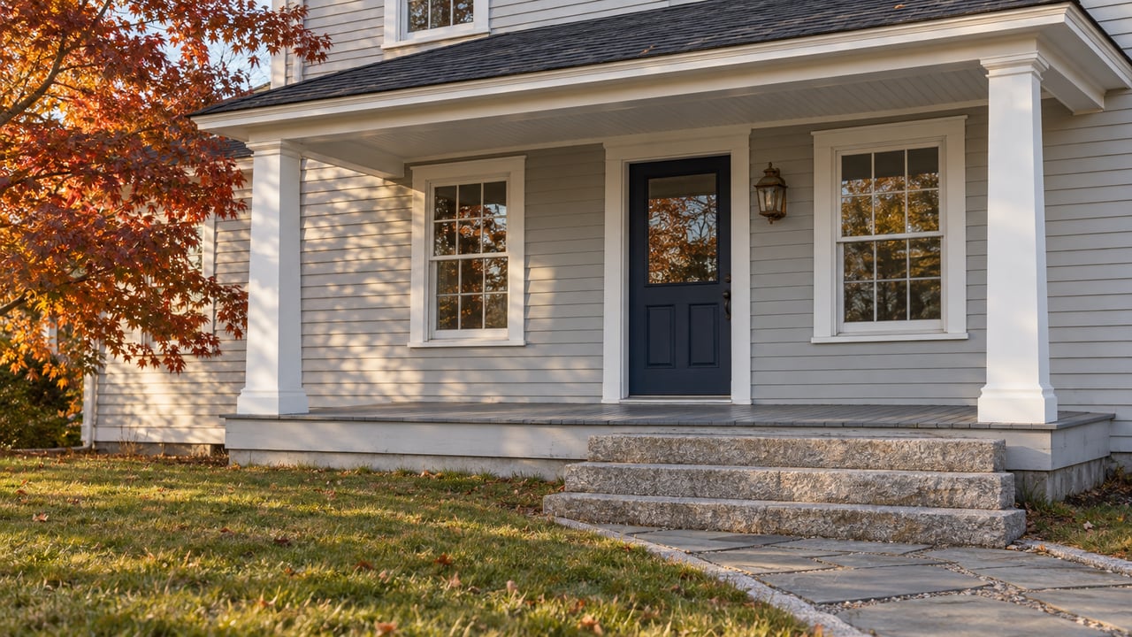 Pale gray clapboard home with a covered porch, granite steps and copper-red maple leaves in autumn afternoon light.
