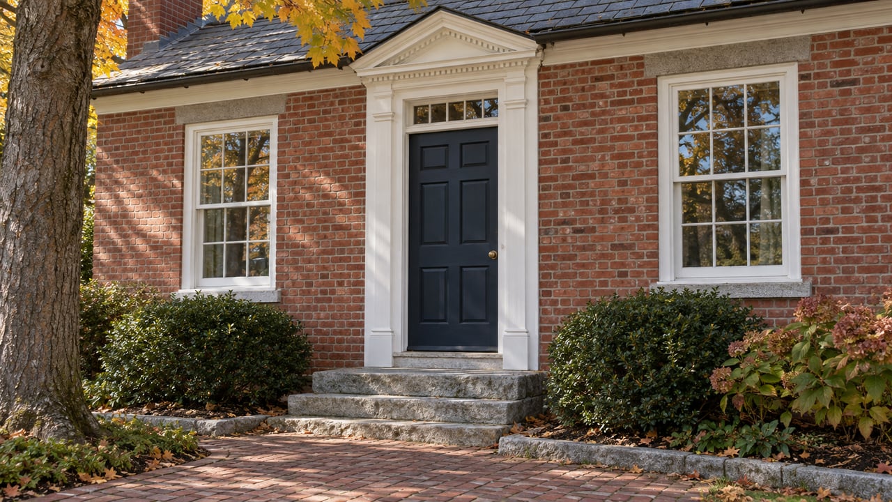 Red-brick house with a navy door, white pediment, granite steps, and amber maple leaves.