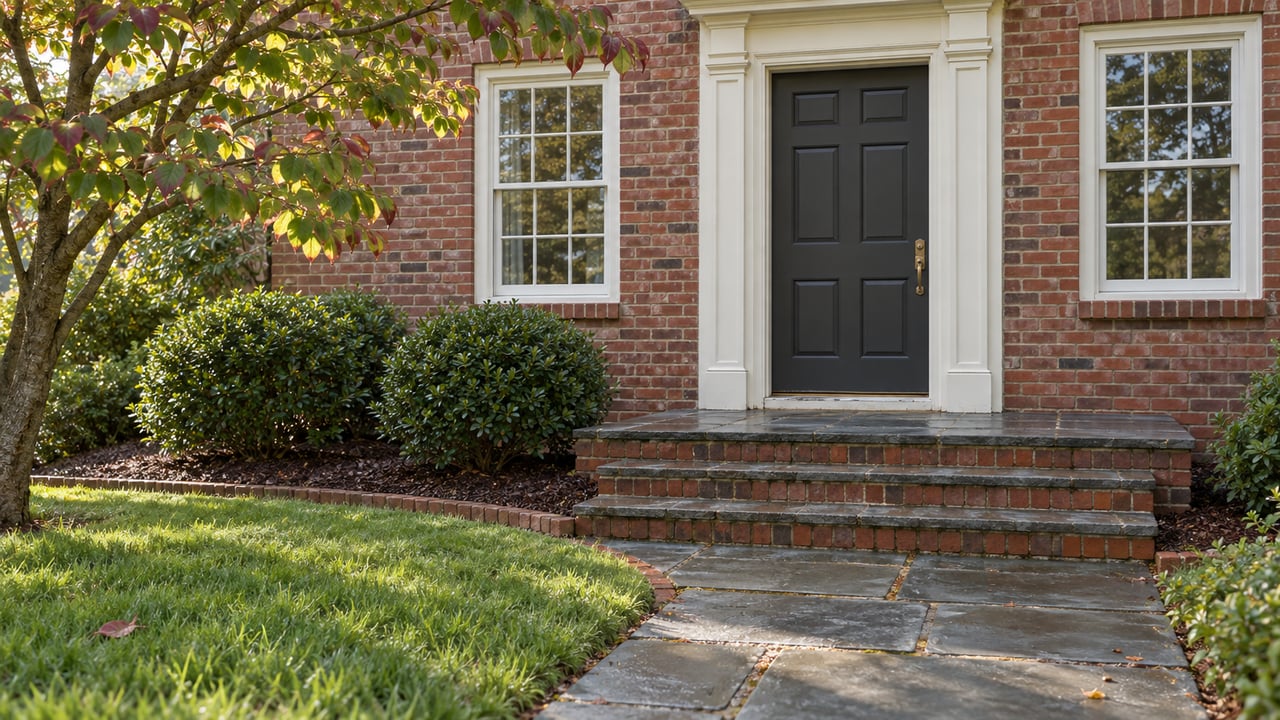 Brick home entrance with ivory trim, bluestone walk, and a mature dogwood beside the lawn.