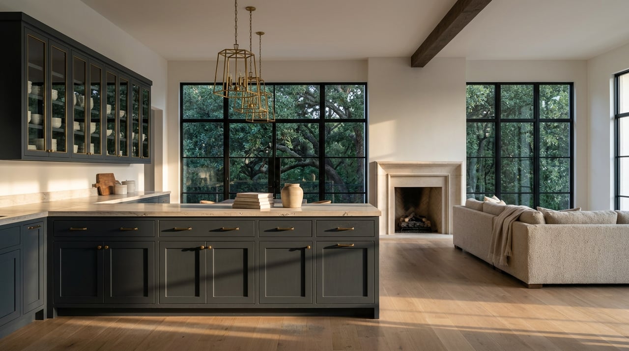 Great room with a limestone fireplace, charcoal-blue kitchen island, and black-framed windows filled by live oak leaves.