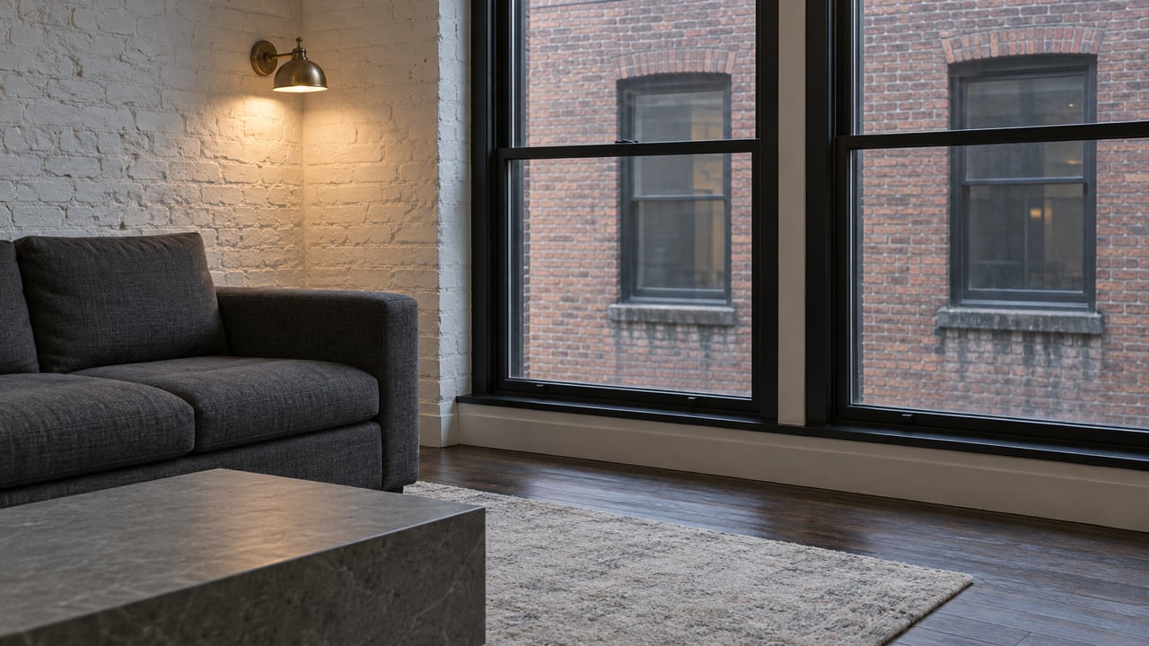 Loft living room with black steel windows facing a close red-brown brick wall, brass sconce, and gray sofa.