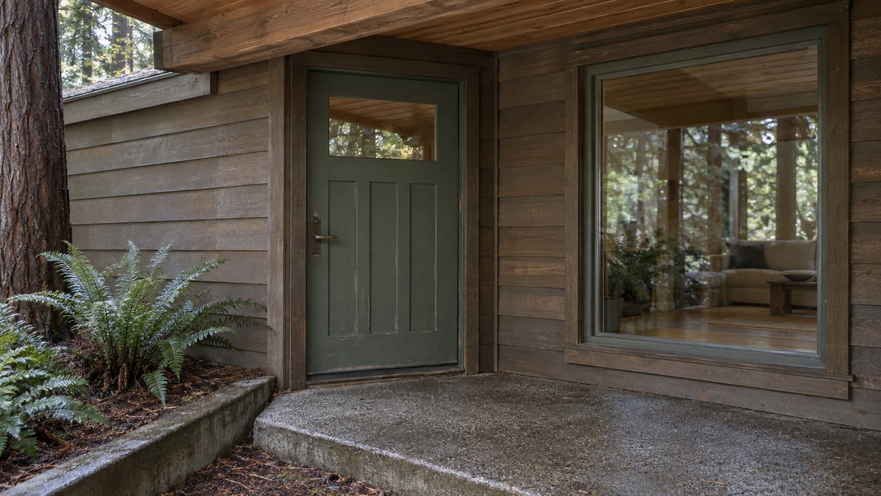 Timber home entry with a weathered door, glazed window, concrete step, and ferns beneath a redwood canopy.