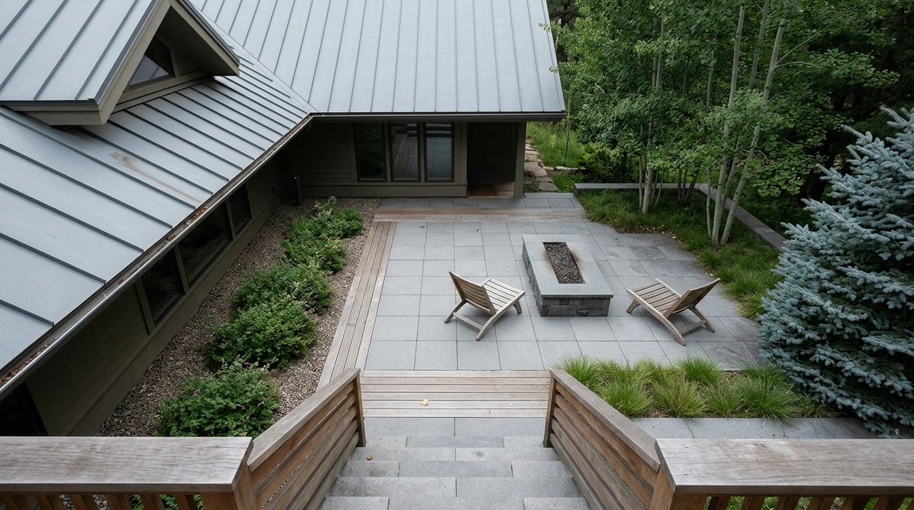 Stone terrace with two teak lounge chairs beside an unlit basalt fire feature, framed by trees and roofline.