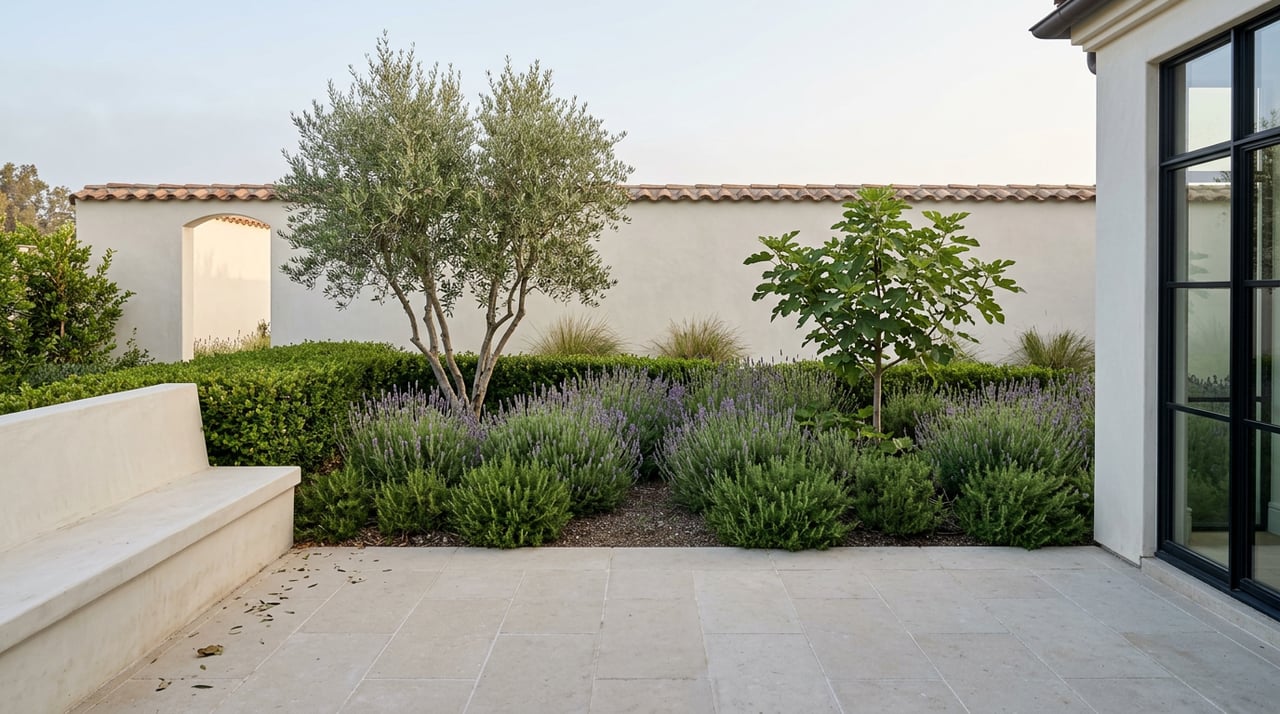 Walled Mediterranean garden with a limestone terrace, olive and fig trees, lavender, rosemary, and an open archway.