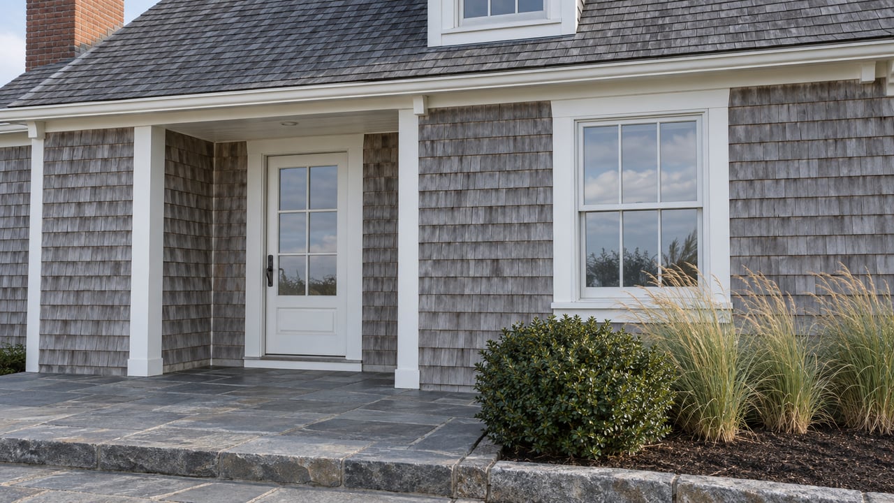 Coastal shingle house with a recessed white glazed door, bluestone landing, and sparse grasses in a planted bed.