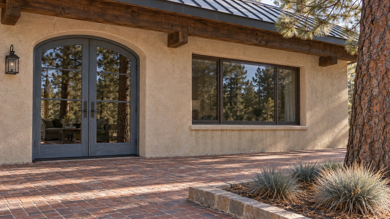 Sandy stucco home with blue-gray glazed doors, a timber-covered brick terrace and a mature ponderosa pine in clear winter light.
