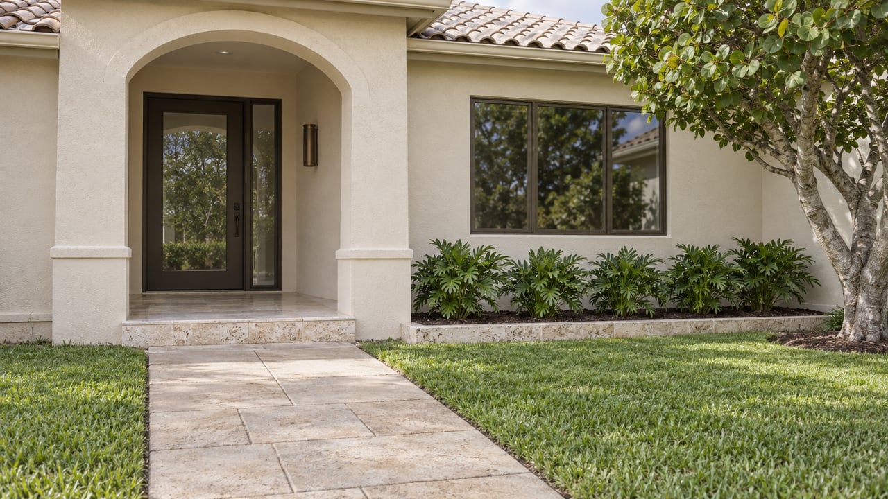 Ivory stucco home with a sheltered arched entrance, bronze-framed glazing and a limestone step above a sunlit paver approach.