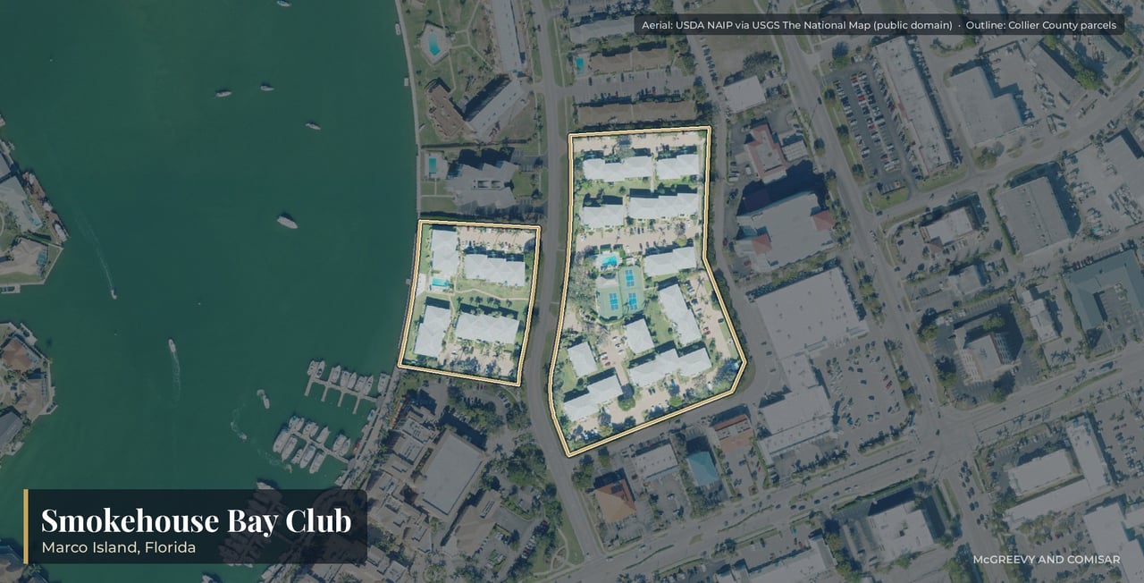 Aerial view of Smokehouse Bay Club on Marco Island, Florida, the two-story condominium buildings on West Elkcam Circle beside Smokehouse Bay