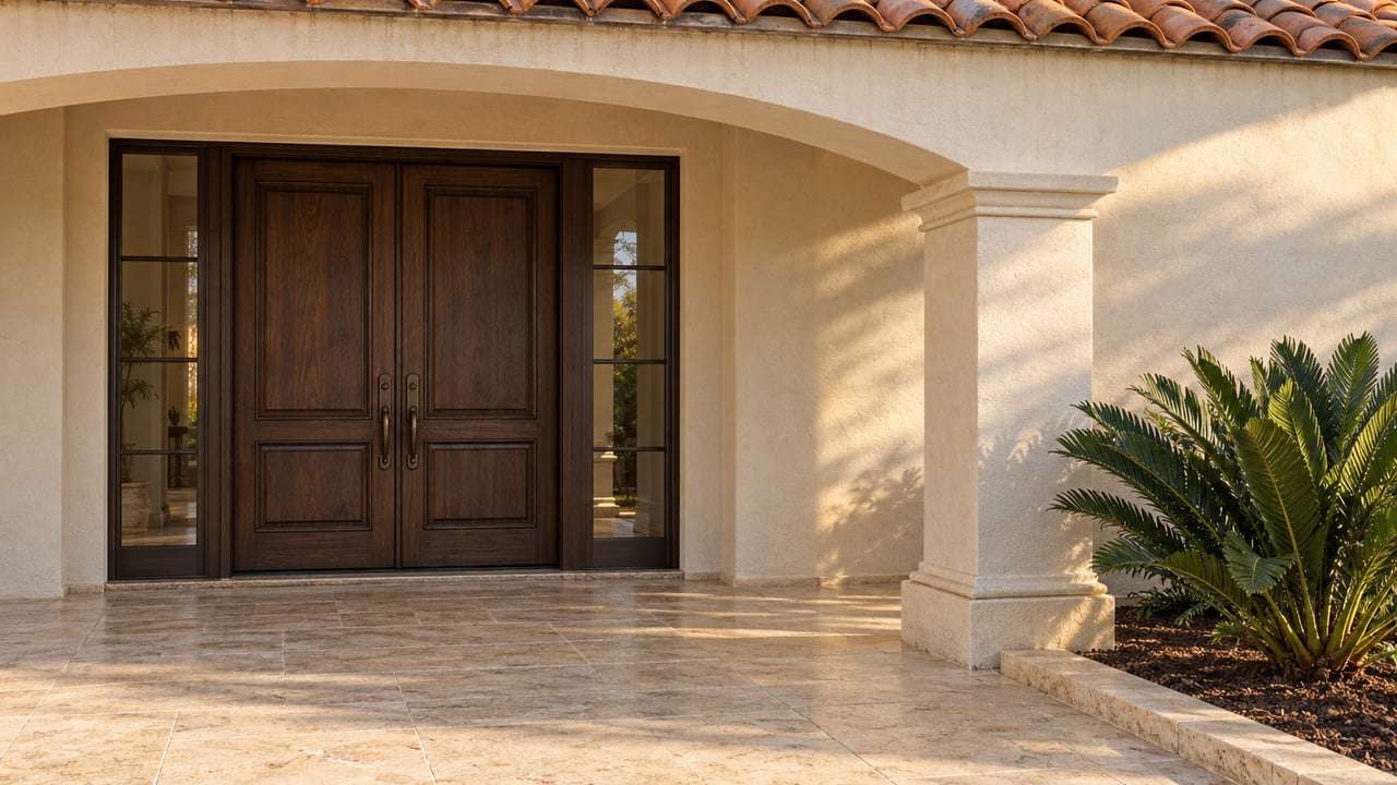 Sunlit ivory stucco entry with dark oak double doors, bronze-framed sidelights, limestone paving and a coontie plant.