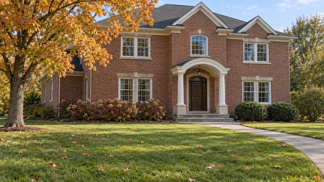 Autumn sunlight on a two-story brick home with a white columned entry, broad lawn and golden maple tree.