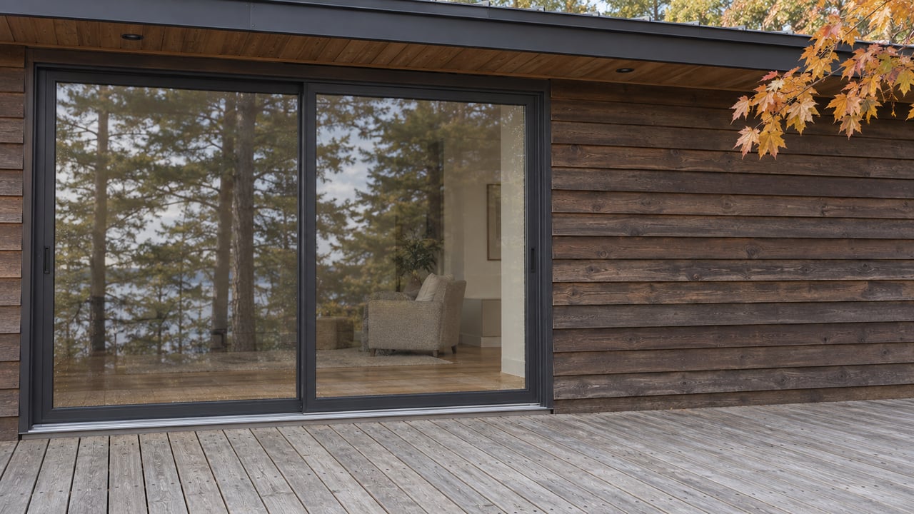Dark cedar home with closed glazed doors, weathered terrace boards and an orange-leaved sugar maple branch.