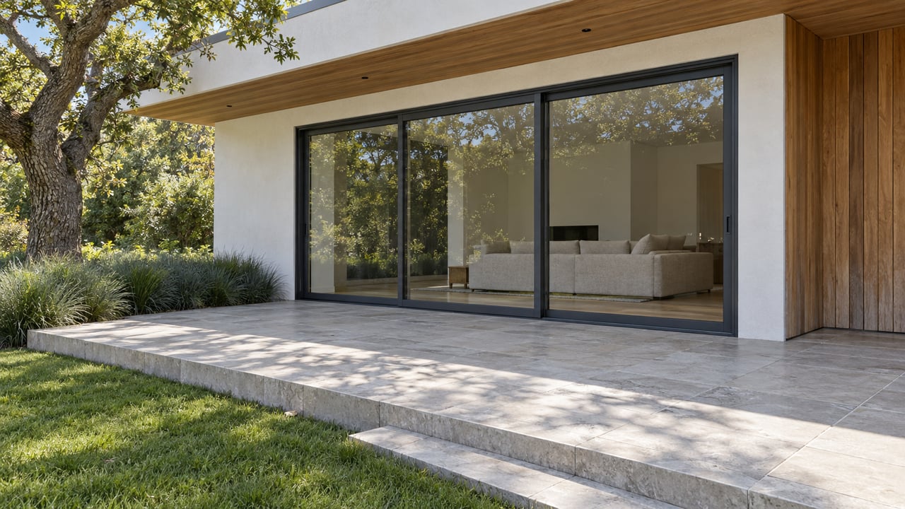 Low view across a limestone terrace toward closed black-framed glass doors, weathered cedar cladding and white stucco, beside an oak and softly textured lawn.