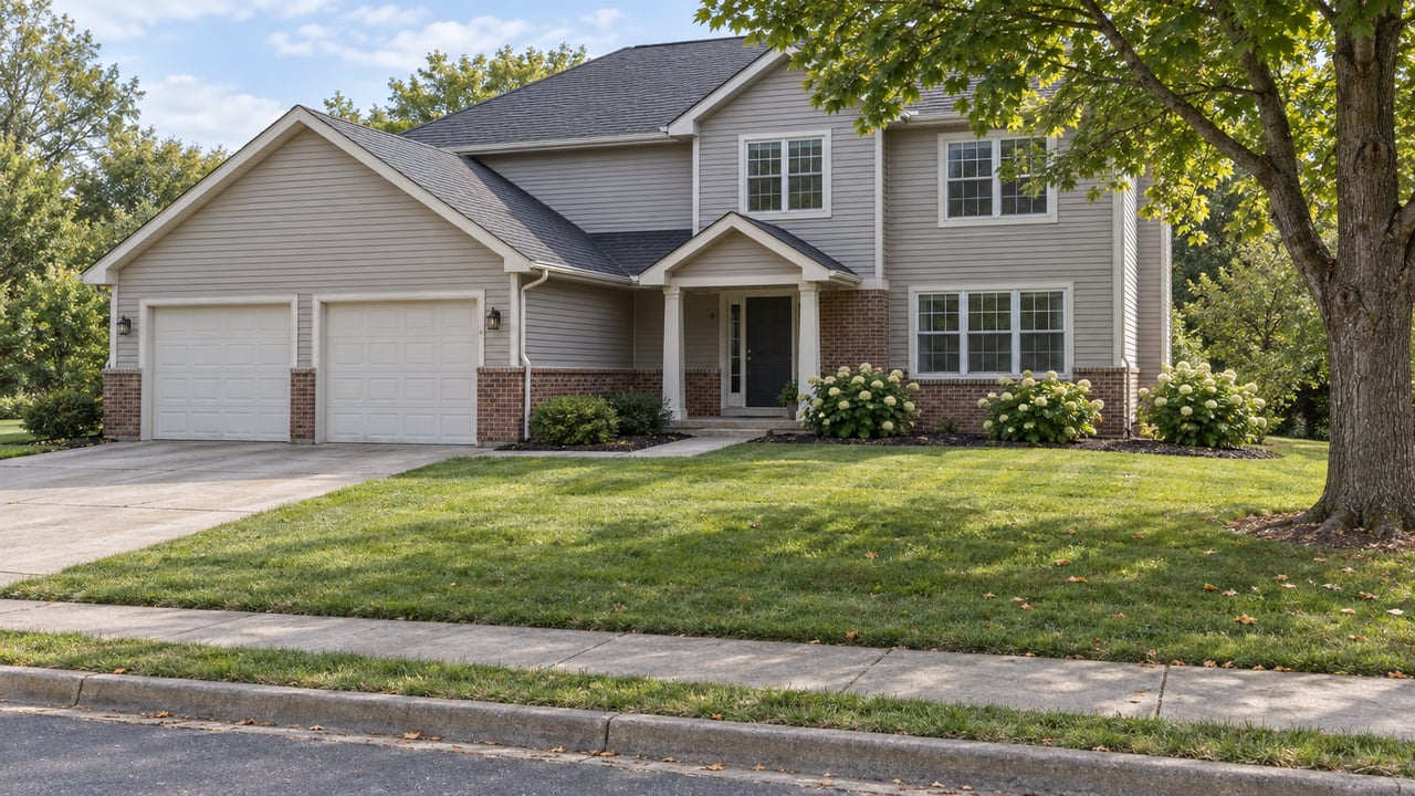 Two-story house with a two-car garage, brick lower walls, and a broad lawn crossed by a concrete walk.