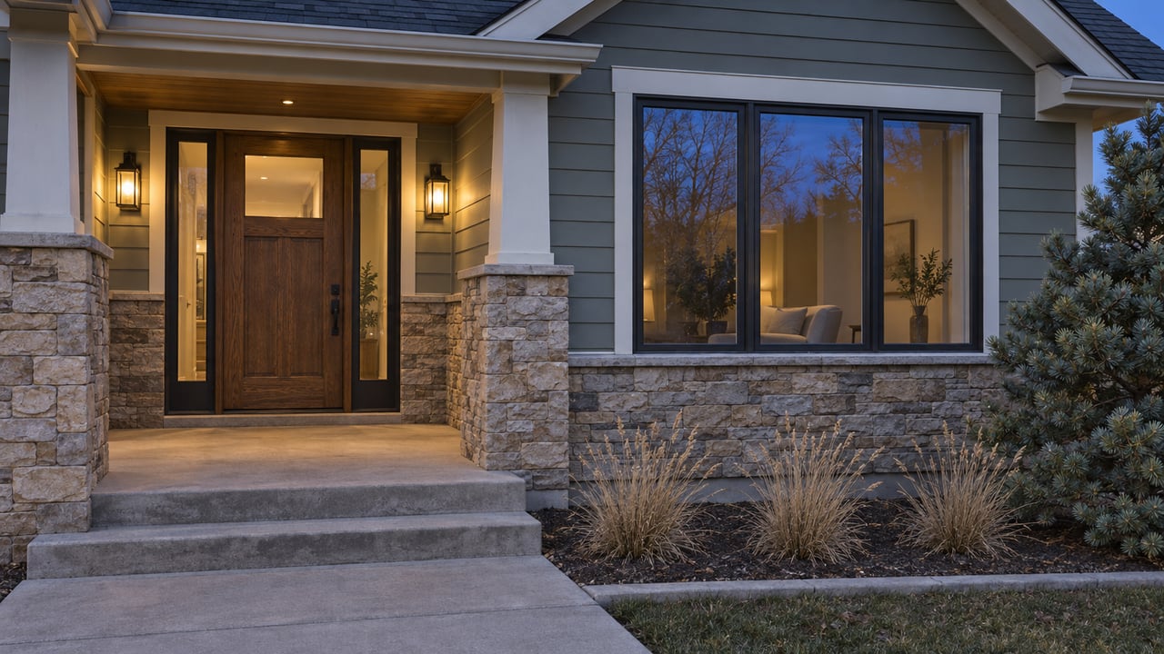 Blue-hour view of a gabled home entry with oak door, stone wainscoting, warm porch lights and a sculptural pine.