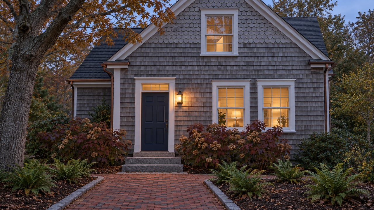 Weathered cedar-shingled home at blue hour with warmly lit windows, a brick approach and autumn planting.