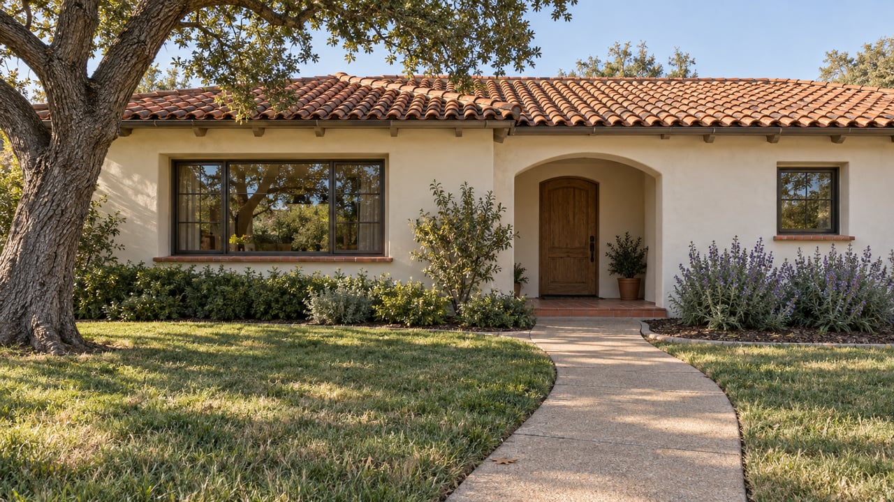 Sunlit ivory stucco home with clay tile roof, arched entry and a deep lawn beneath a mature oak.