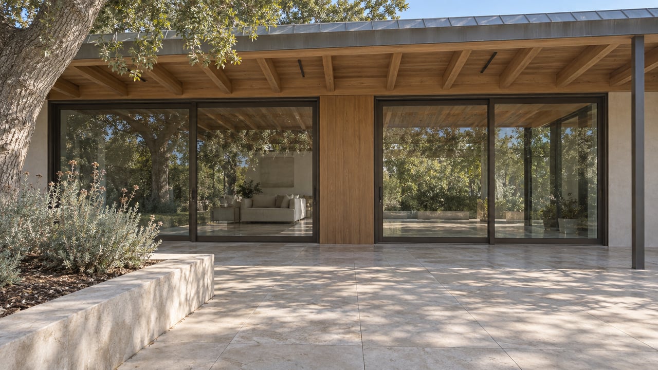 Timber-roofed terrace with limestone paving, closed bronze-framed glass doors and a mature oak in a raised stone planting bed.