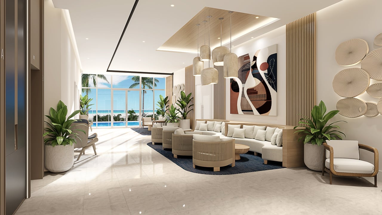Ocean 580 lobby lounge rendering with seating and ocean views.