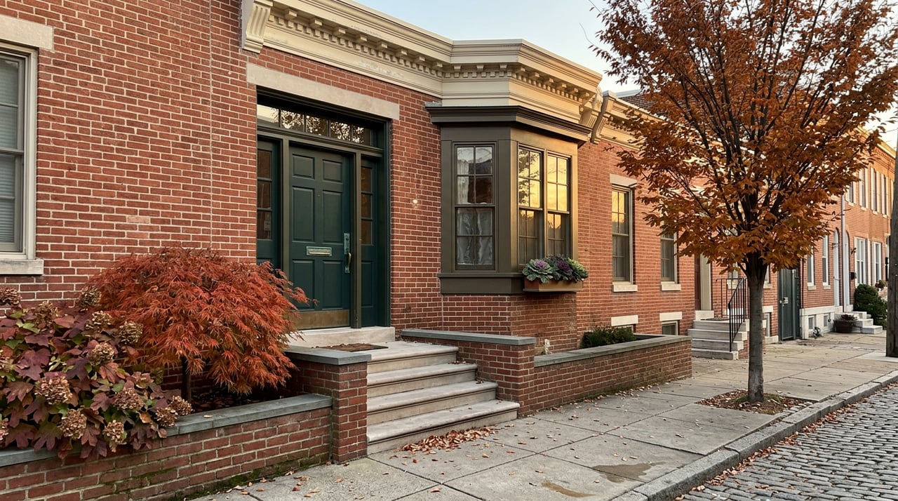 Brick rowhome with a green door, bay window, and red-orange Japanese maple beside its stoop.