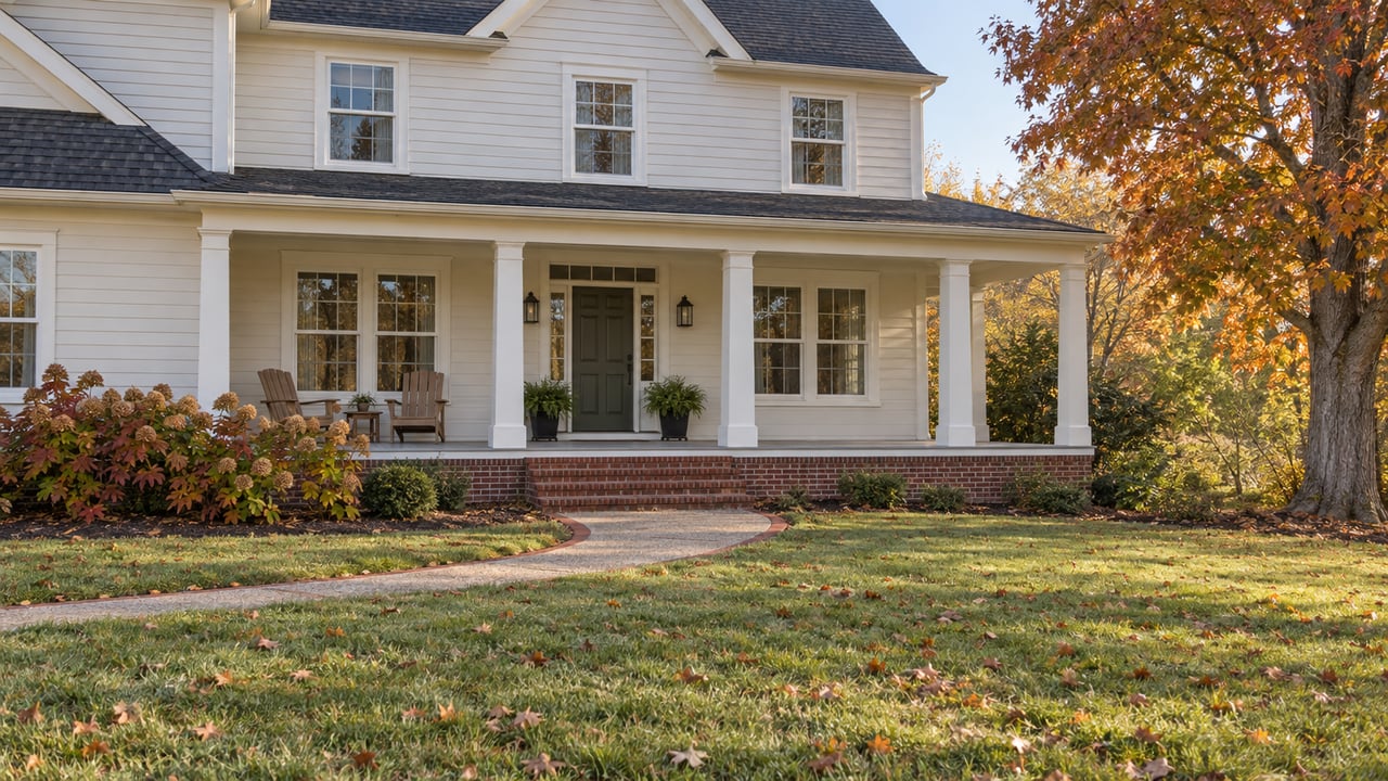 Ivory clapboard home with a covered porch, brick steps, deep autumn lawn and a copper-leaved maple.