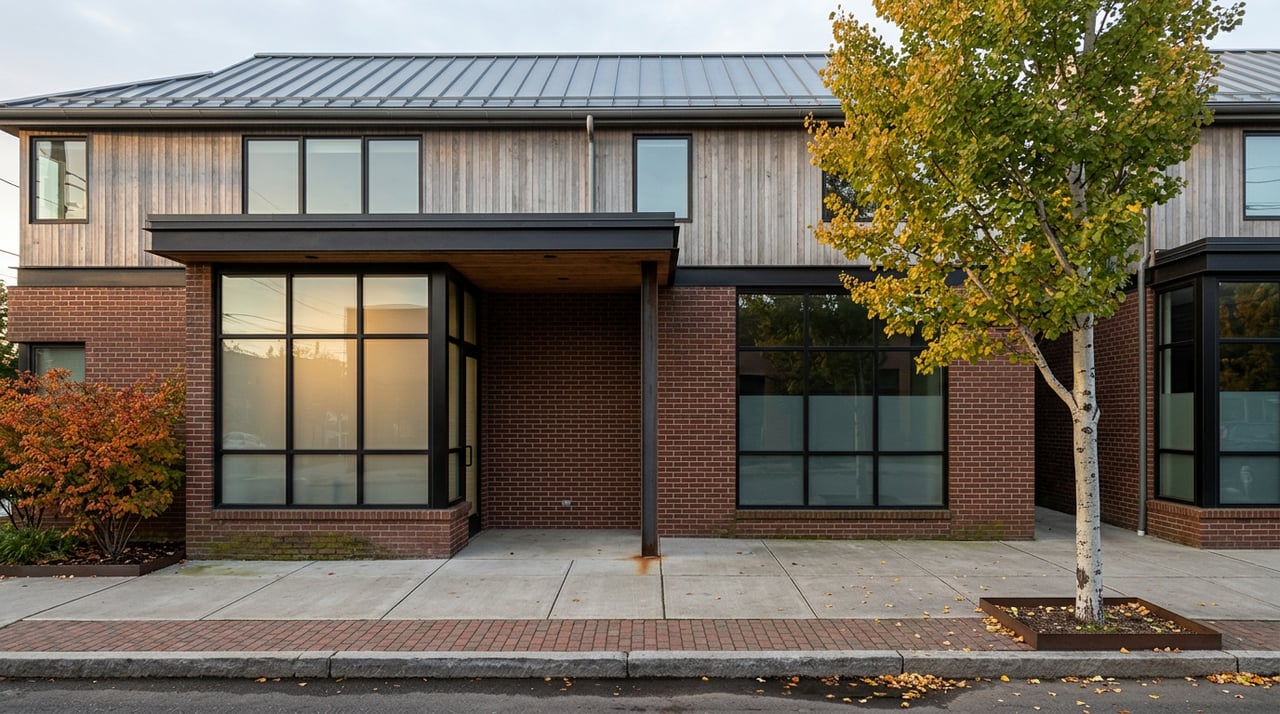 Brick-and-timber mixed-use building with storefront windows, a golden aspen, and an orange-red serviceberry along the sidewalk.