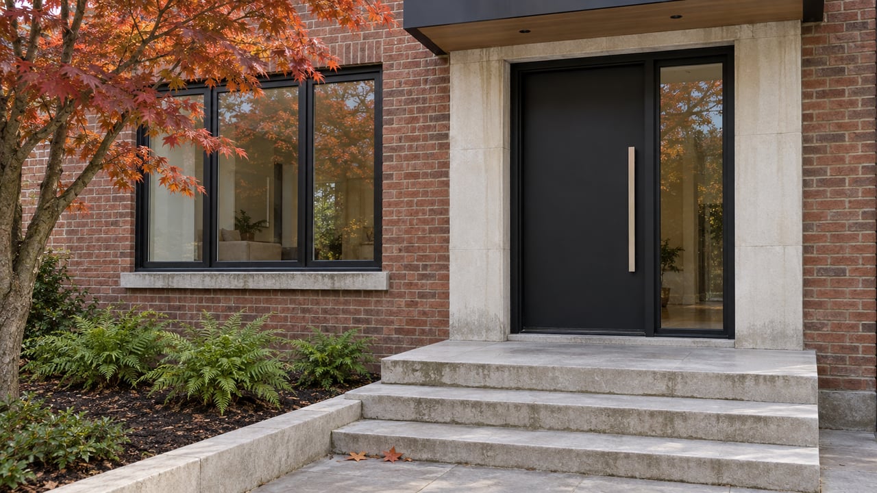 A brick home's black front door and broad window sit above pale limestone entry steps beside an autumn Japanese maple.
