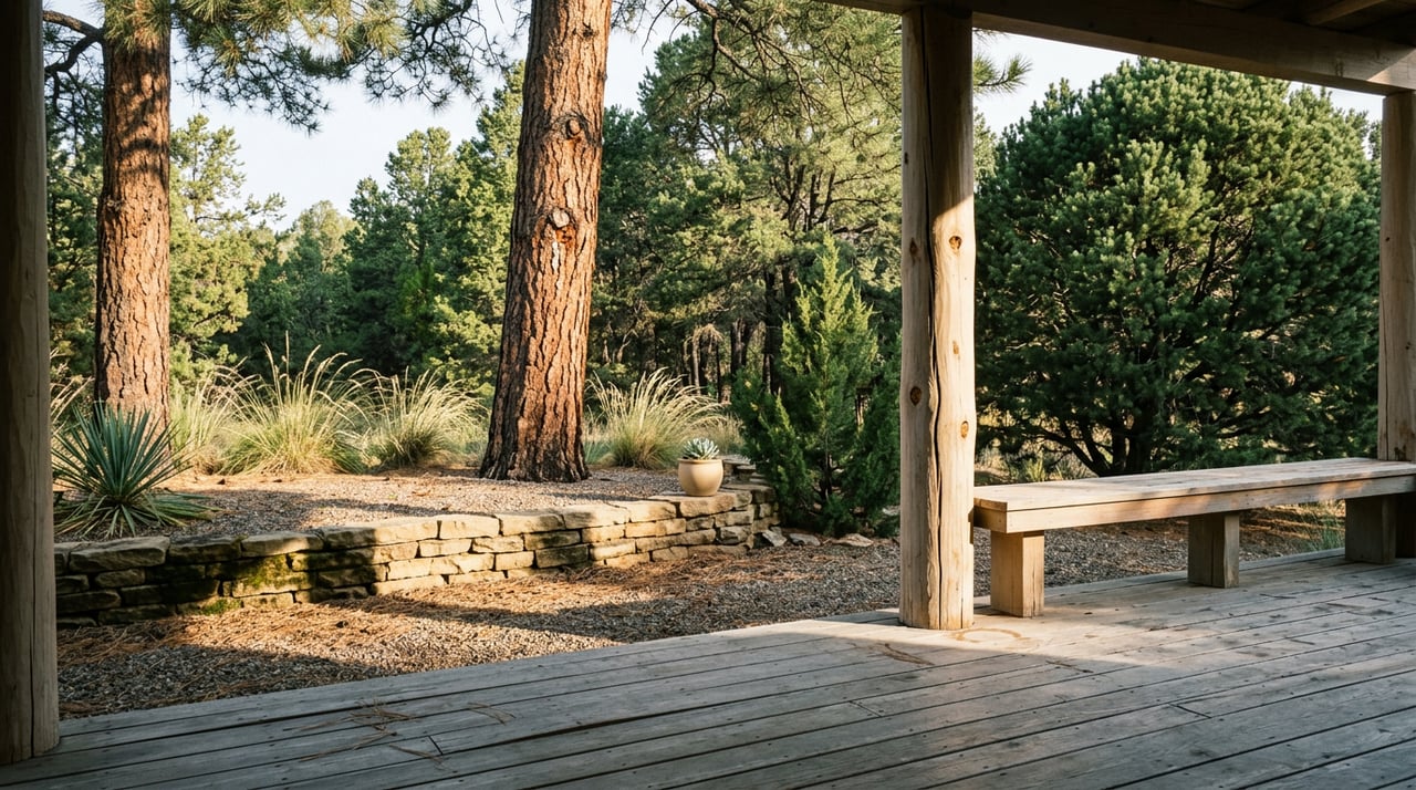 Cedar deck with a log support post overlooks a stone wall, gravel bed, and tall pines.