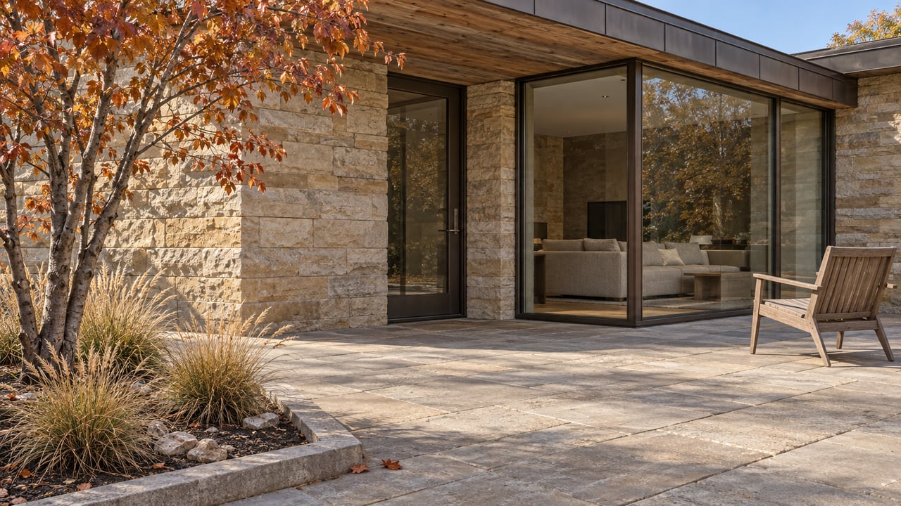 Stone-and-cedar home with an enclosed glass corner beside a sunlit sandstone terrace and autumn serviceberry.